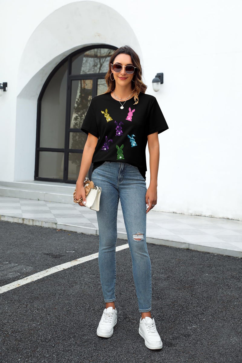 MAXIMGR Happy Easter Shirts Women Sequin Bunny Shirt Cute Rabbit Graphic T Shirt Funny Easter Gift Short Sleeve Tee Tops Black - Image 3