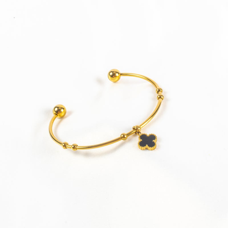 Golden Black Clover Stainless Steel Bangale Bracelet - Image 1