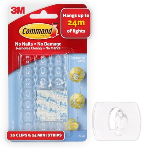 Command Decorating & organizing Pack of 20 clips/hooks and 24 mini strips, Damage Free walls, Clear,Plastic - Image 1