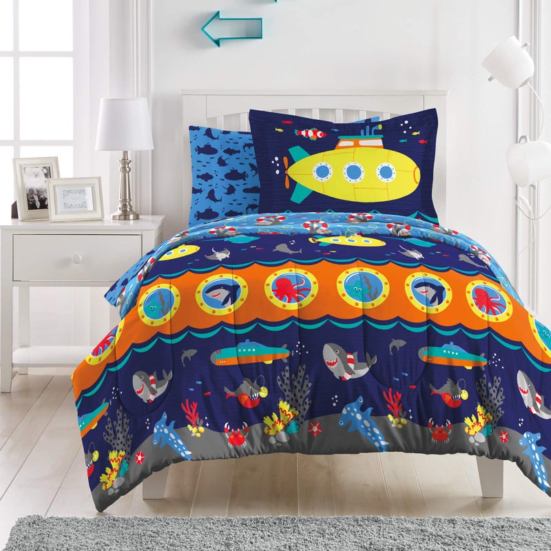 dream FACTORY Kids 7Piece Complete Set EasyWash Super Soft Microfiber Comforter Bedding Full Navy Submarine