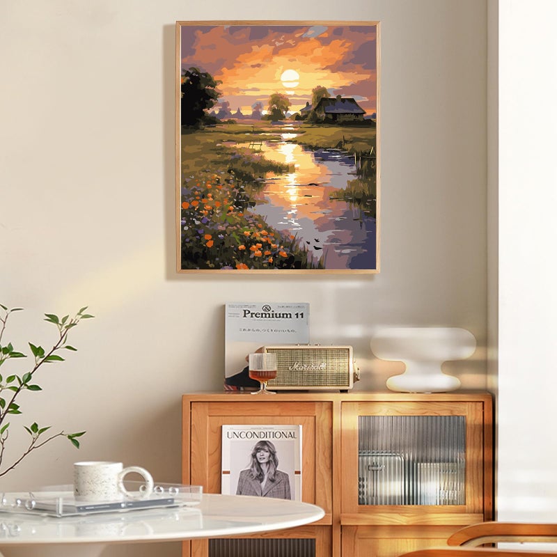 Fountor Paint by Numbers Kit for Adults Beginner, Countryside Sunset Adult Paint by Number Kits on Canvas Without Frame, Riverside Cabin Oil Paint by Numbers for Home Decor Gift 16â€ W x 20â€L - Image 2