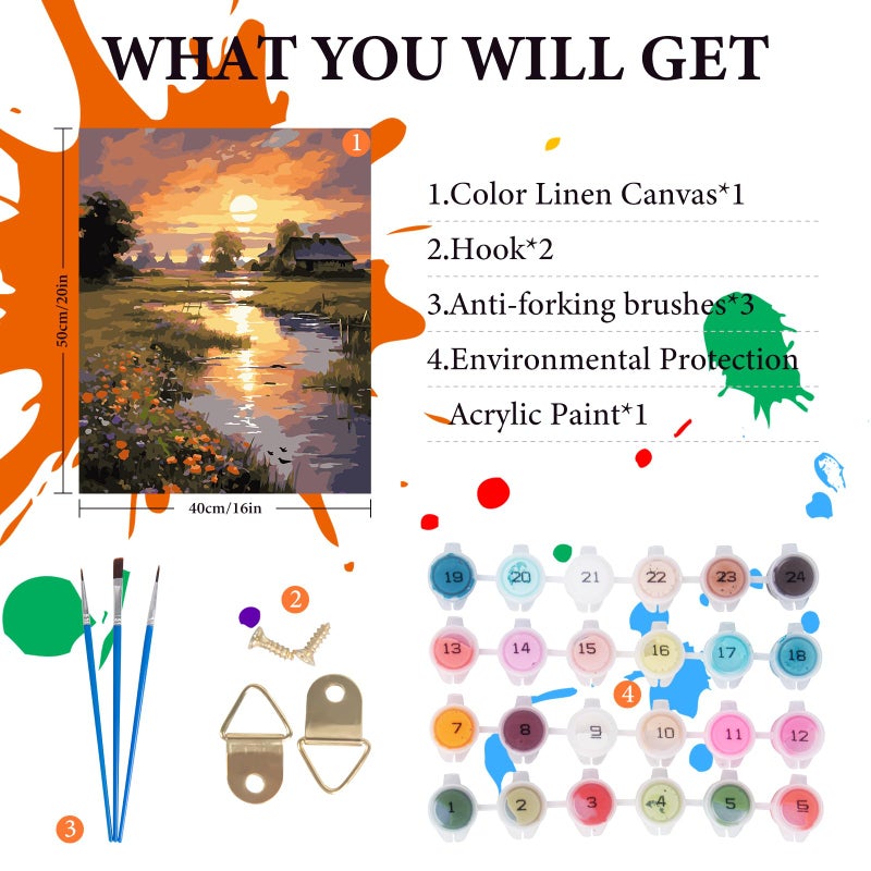 Fountor Paint by Numbers Kit for Adults Beginner, Countryside Sunset Adult Paint by Number Kits on Canvas Without Frame, Riverside Cabin Oil Paint by Numbers for Home Decor Gift 16â€ W x 20â€L - Image 4