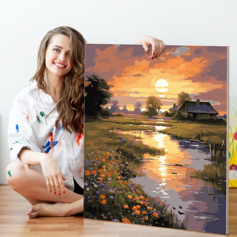 Fountor Paint by Numbers Kit for Adults Beginner, Countryside Sunset Adult Paint by Number Kits on Canvas Without Frame, Riverside Cabin Oil Paint by Numbers for Home Decor Gift 16â€ W x 20â€L - Image 5