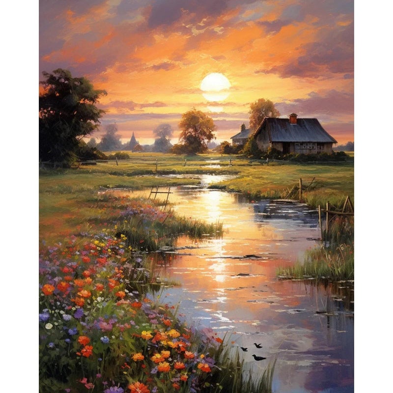 Fountor Paint by Numbers Kit for Adults Beginner, Countryside Sunset Adult Paint by Number Kits on Canvas Without Frame, Riverside Cabin Oil Paint by Numbers for Home Decor Gift 16â€ W x 20â€L - Image 1