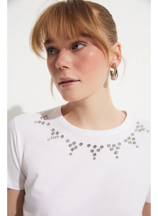 JUNE June 100% Cotton Stone Embroidery Detailed T-Shirt White