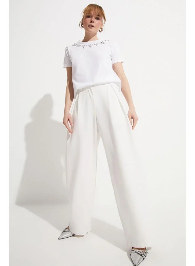 JUNE June 100% Cotton Stone Embroidery Detailed T-Shirt White