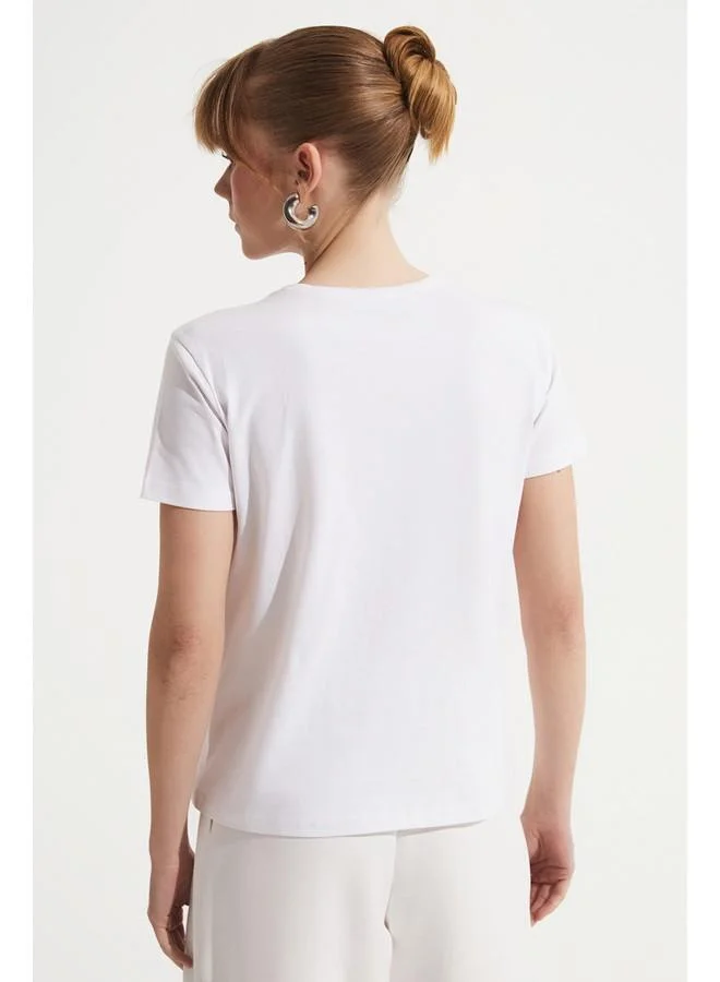 JUNE June 100% Cotton Stone Embroidery Detailed T-Shirt White