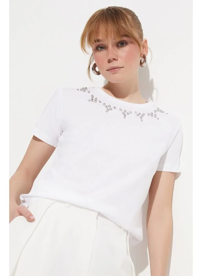 JUNE June 100% Cotton Stone Embroidery Detailed T-Shirt White