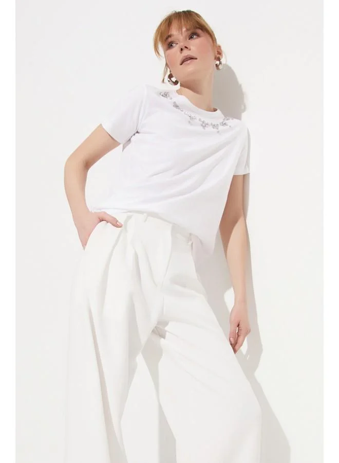JUNE June 100% Cotton Stone Embroidery Detailed T-Shirt White