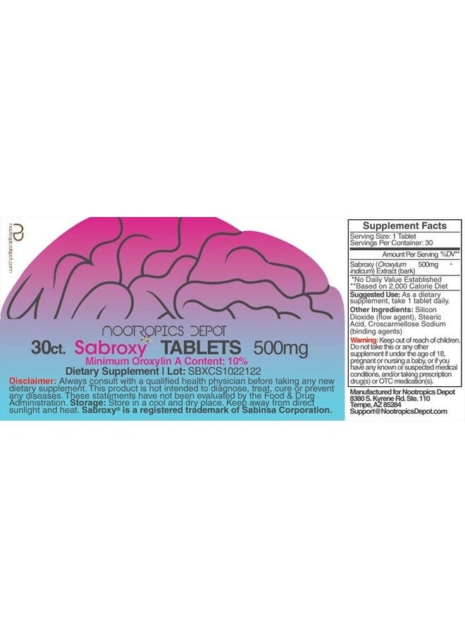 Nootropics Depot - Sabroxy® Tablets | 500mg | 30 Count | Minimum 10% Oroxylin-A | Oroxylum indicum | May Help Promote Focus & Motivation | May Help Promote Cognitive Function - Image 1