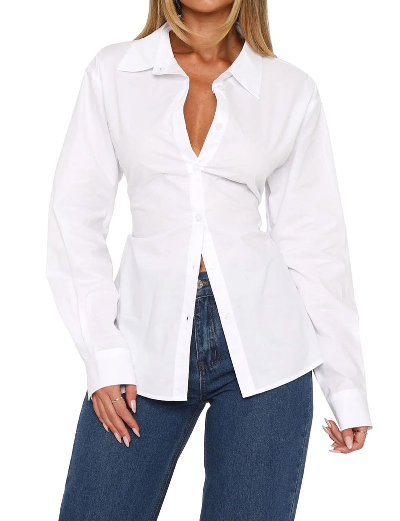 HOCANDY Women Long Sleeve Button Down Shirt Tie Back Cinched Waist Lapel Collar Corset Blouse Work Casual Dressy Tunic Shirt White - Image 1