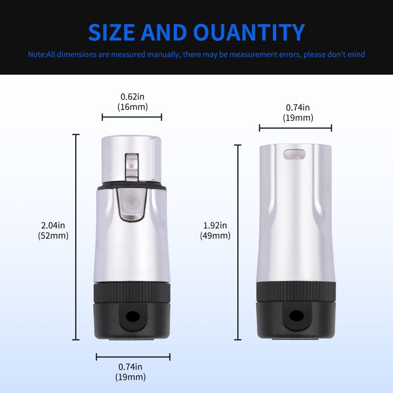 HUALEU 3Pin XLR Connectors Plug,XLR 3 Pin Male/Female Plugs Audio Mic Microphone Cable Plug Connector Audio Socket,1 Male+1 Female-2 Pack - Image 5