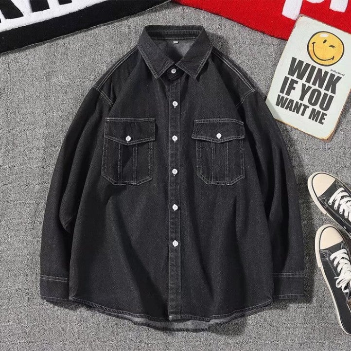 Korean Style New Denim Shirt Street Double Pocket Unisex Soft Washed Old Long Sleeve Shirt For Men And Women - Image 1