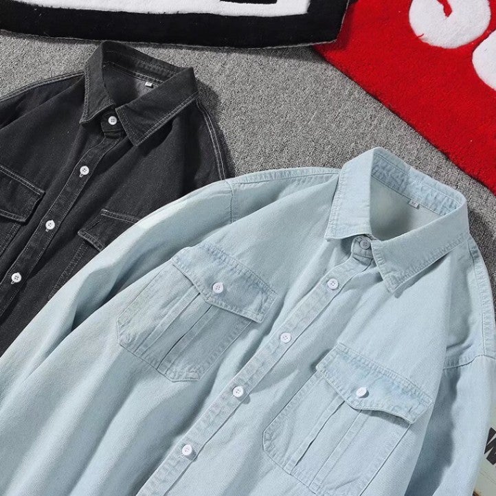 Korean Style New Denim Shirt Street Double Pocket Unisex Soft Washed Old Long Sleeve Shirt For Men And Women - Image 4