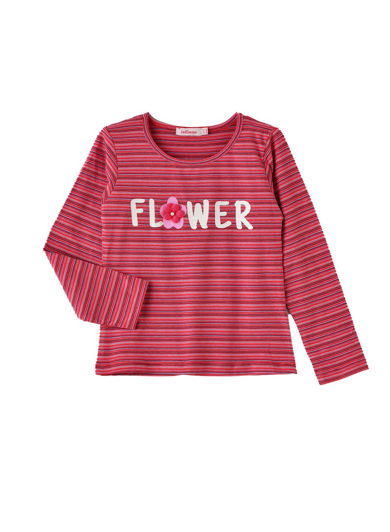 Jelliene Girls Red Striped Long Sleeve Top - Flower Design - Image 1