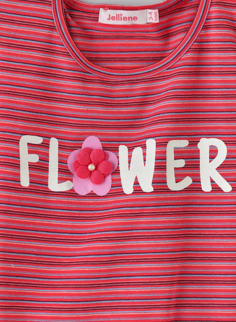 Jelliene Girls Red Striped Long Sleeve Top - Flower Design