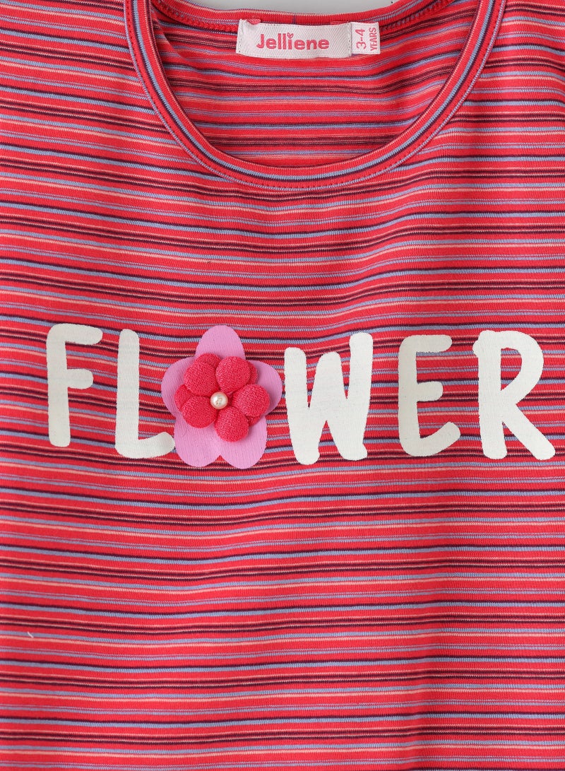 Jelliene Girls Red Striped Long Sleeve Top - Flower Design - Image 3