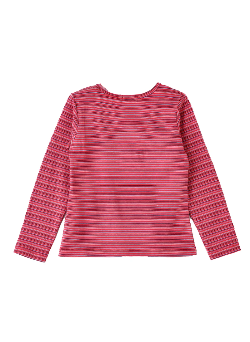 Jelliene Girls Red Striped Long Sleeve Top - Flower Design