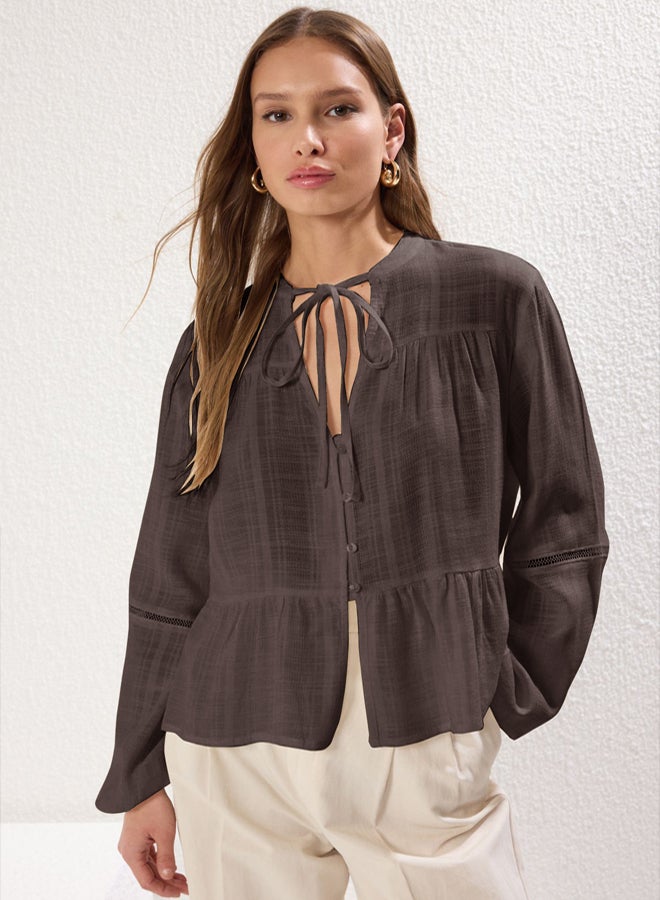 trendyol Brown Regular Fit Woven Shirt with Lace - Image 1