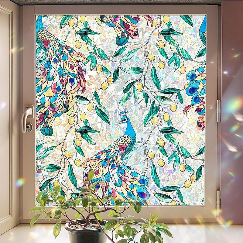 ADD.HERES Window Privacy Film,Colorful Floral Window Stickers,Removable DIY Bouquet Static Clings, Decals for Home School Office Party Supplies,‌Peacock Garden，29.5 x 78.7 in - Image 1