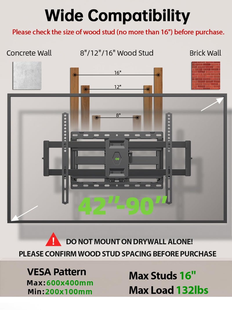 USX Mount Full Motion TV Wall Mount for Most 42-90 inch Flat Screen/LED/4K, TV Mount Bracket Dual Swivel Articulating Tilt 6 Arms, Max 16" Wood Studs, VESA 600x400mm, Holds up to 132lbs - Image 2