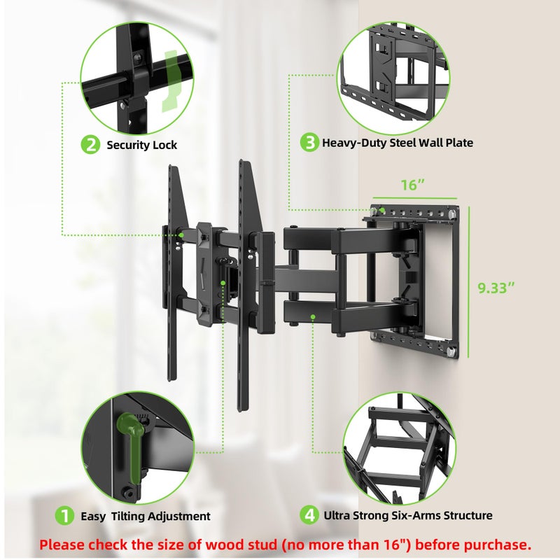 USX Mount Full Motion TV Wall Mount for Most 42-90 inch Flat Screen/LED/4K, TV Mount Bracket Dual Swivel Articulating Tilt 6 Arms, Max 16" Wood Studs, VESA 600x400mm, Holds up to 132lbs - Image 4