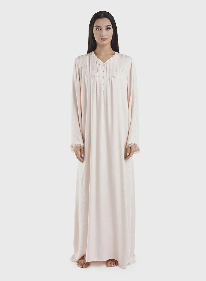 Kashkha Viscose Frilled V-neck Jacquard Nighgwear Dress (CNH455)