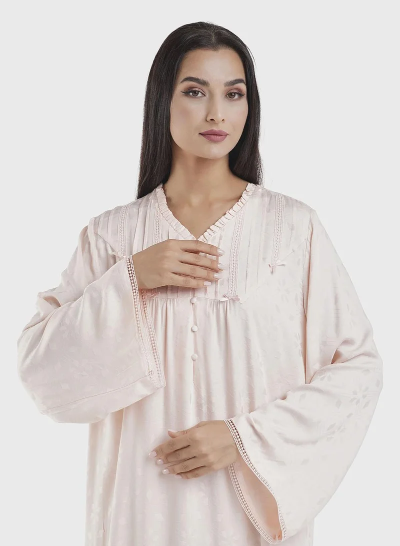 Kashkha Viscose Frilled V-neck Jacquard Nighgwear Dress (CNH455)