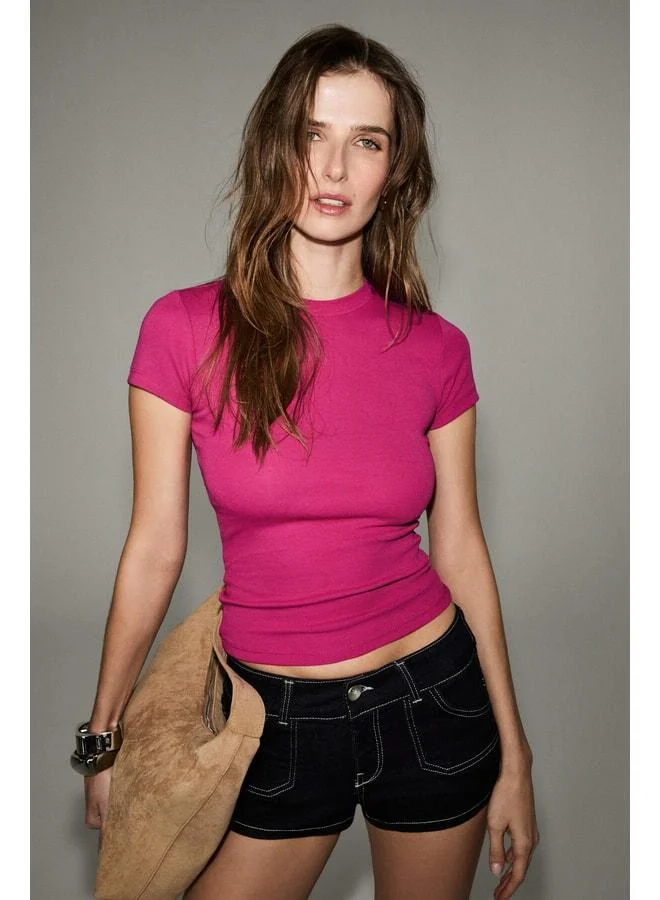 Grimelange HOPEWELL Women's Round Neck Knitted Slim Fit Fuchsia T-Shirt.