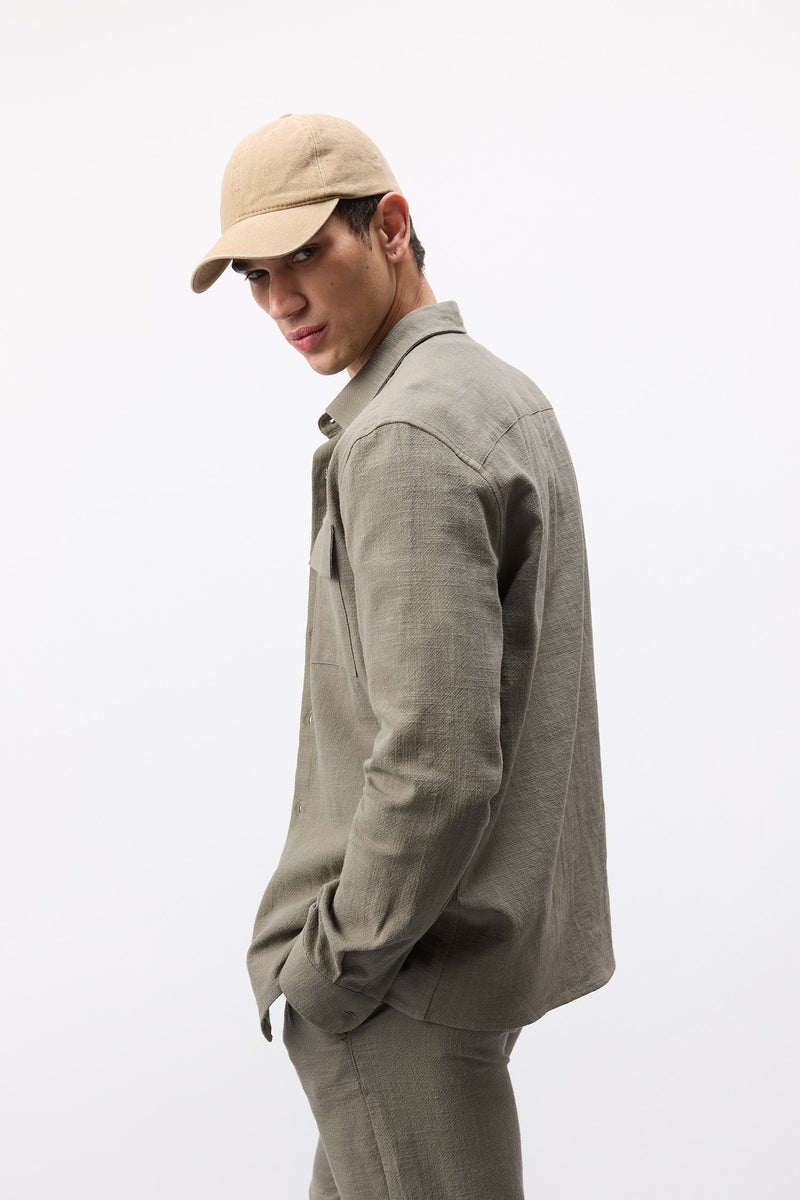DeFacto Green Man 100% Cotton Regular Fit Polo Collar Linen Look Shirt Casual - Image 3