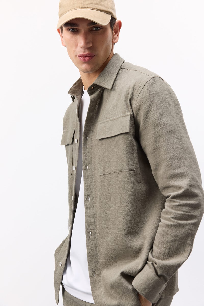 DeFacto Green Man 100% Cotton Regular Fit Polo Collar Linen Look Shirt Casual - Image 1