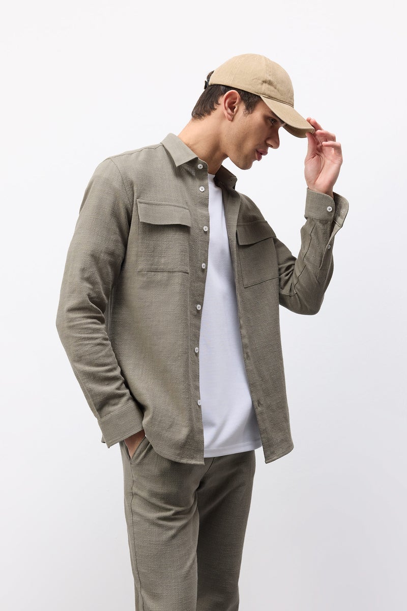DeFacto Green Man 100% Cotton Regular Fit Polo Collar Linen Look Shirt Casual - Image 2