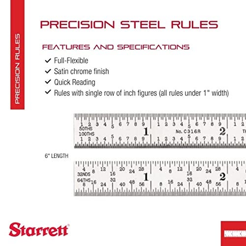 Starrett Full Flexible Steel Rule with Satin Chrome Finish, Quick Reading, and Inch Graduation - 16R Graduation, 6" Length, 1/64" Thickness - C316R-6 - Image 2