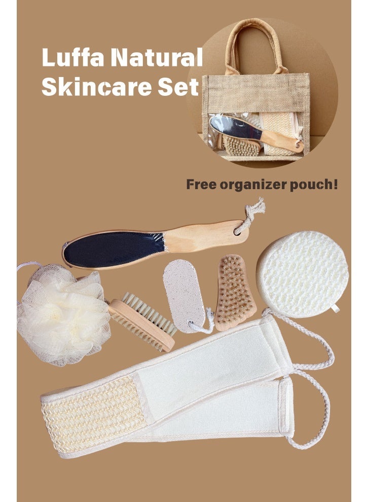 Natural Halal Bath Set with Loofah Glove & Body Brushes, 7pcs Organic Foot & Body Care Kit in Jute Bag, Gift Idea - Image 1