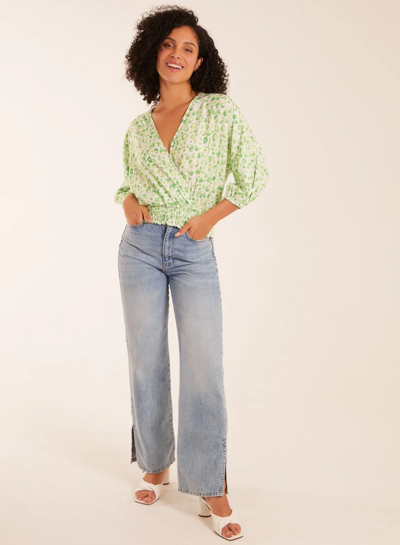 Blue Vanilla Leopard Print Elasticated Sleeve Wrap Front Elastic Hem Top