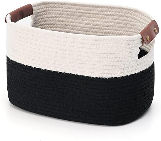 Fibre Touch Jute Cotton Storage Gift Basket, Rectangle case for Closet, Handwoven Eco-Friendly Foldable Storage Basket Bins Organizer Planter Pots (12X8X10, Black & White)  - Image 1