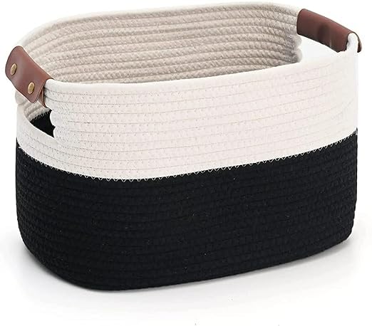 Fibre Touch Jute Cotton Storage Gift Basket, Rectangle case for Closet, Handwoven Eco-Friendly Foldable Storage Basket Bins Organizer Planter Pots (12X8X10, Black & White)  - Image 2