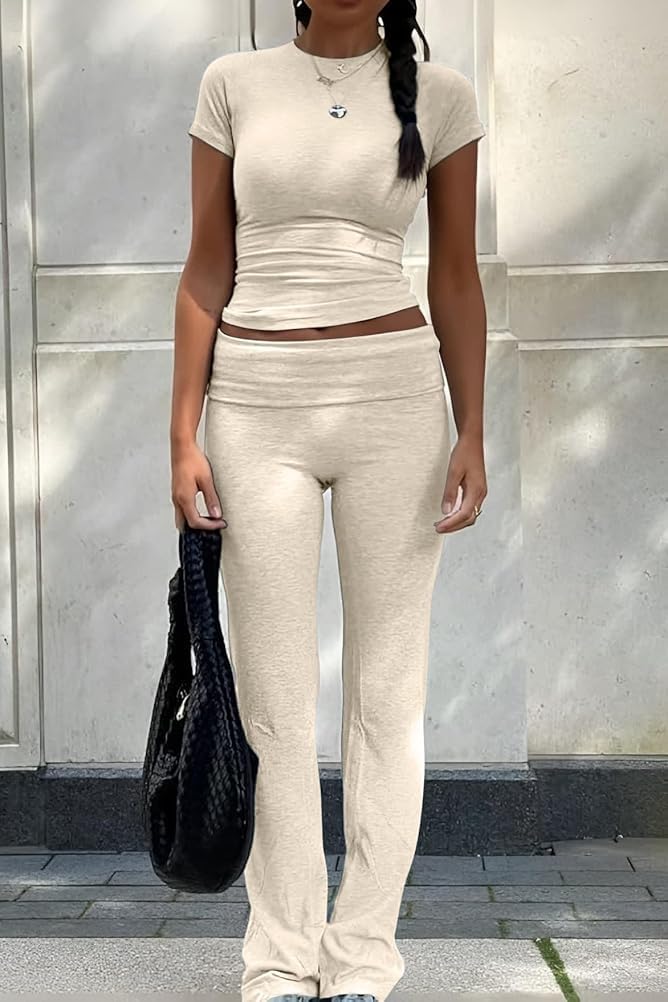 ZFLM Casual Workout Two Piece Outfits for Women Short Sleeve Crop High Waist Foldover Flare Pants Tracksuit Sets Streetwear - Image 1