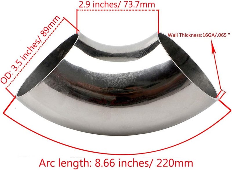 KOTVTM Stainless Steel Elbow 3.5" 90° Mandrel Bend Elbow-Thickness 16GA/.065" Wall - SS304 Stainless Elbow Suitable for Car Modified Exhaust Elbow Pipe, Stair Handrail,etc - Image 2