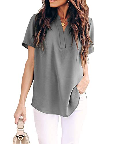 Allimy Women Summer Short Sleeve Tops 2025 Dressy Casual Blouses Tunics Plus Size Grey XL - Image 2
