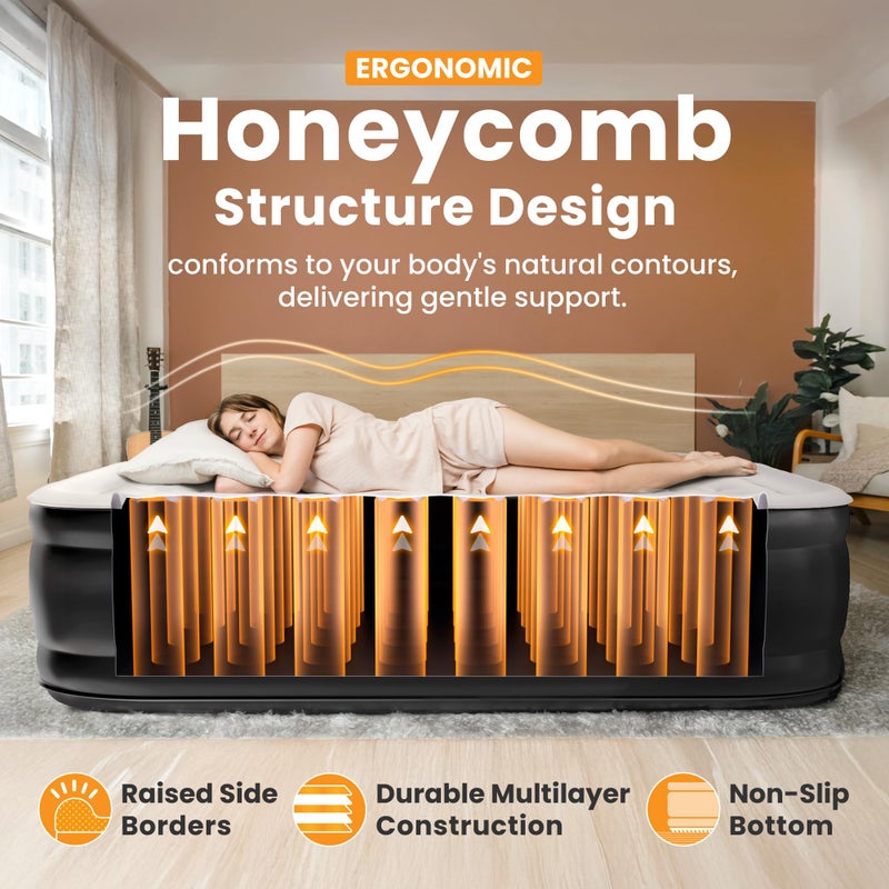 Dr. air Full Air Mattress with Built-in Pump, 18" Raised Blow Up Mattress, 600 lbs Max Honeycomb Air Bed, 48Hr Leak-Proof Test, 3min Inflatable Mattress for Home, Guests, Camping, Colchones inflables - Image 3