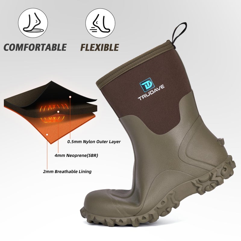 Trudave Rubber Boots for Men, 6mm Neoprene Insulated Mud Boots with Steel Shank, Men's Mid Calf Waterproof Rain Boots,Anti-Slip Rubber Work Boots for Farming Gardening Fishing, Olive Green, Size 11 - Image 4