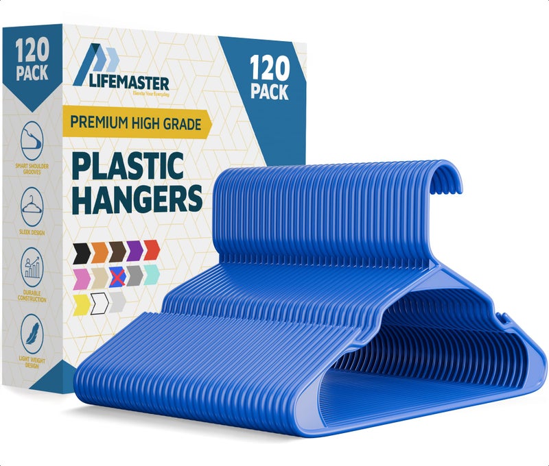 Lifemaster Plastic Clothes Hangers â€“ Heavy Duty Hanger Set, for Organizing Clothes, Dresses, and Coat, Holds Up to 5 lbs, Space-Saving Hangers with Non-Slip Shoulder Grooves, Pack of 120, Blue - Image 1
