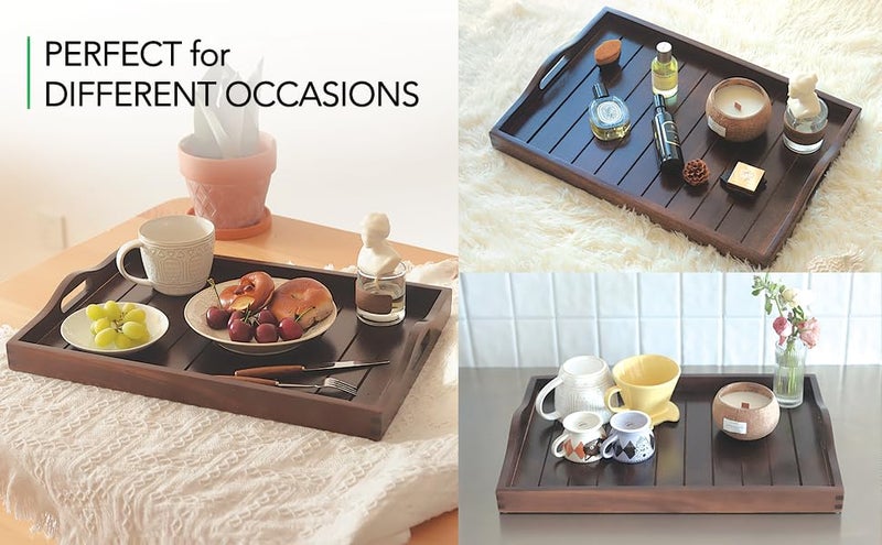 Joy&Grace Large Acacia Wooden Serving Tray with Handles 20 x 14 inch Decorative Coffee Table Ottoman Tray for Living Room Extra Large for Kitchen Dinner Food Bar Breakfast in Bed (Dark Brown) - Image 5