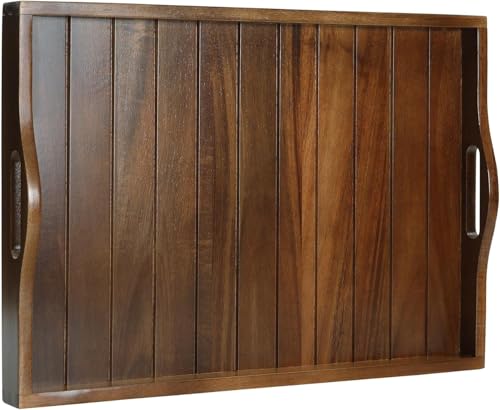 Joy&Grace Large Acacia Wooden Serving Tray with Handles 20 x 14 inch Decorative Coffee Table Ottoman Tray for Living Room Extra Large for Kitchen Dinner Food Bar Breakfast in Bed (Dark Brown) - Image 1