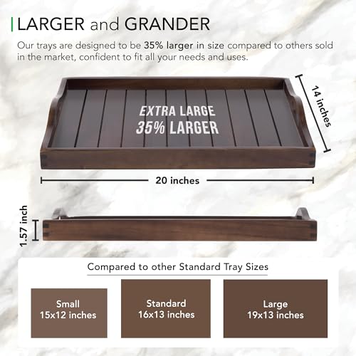 Joy&Grace Large Acacia Wooden Serving Tray with Handles 20 x 14 inch Decorative Coffee Table Ottoman Tray for Living Room Extra Large for Kitchen Dinner Food Bar Breakfast in Bed (Dark Brown) - Image 3