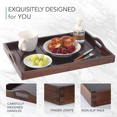 Joy&Grace Large Acacia Wooden Serving Tray with Handles 20 x 14 inch Decorative Coffee Table Ottoman Tray for Living Room Extra Large for Kitchen Dinner Food Bar Breakfast in Bed (Dark Brown) - Image 4