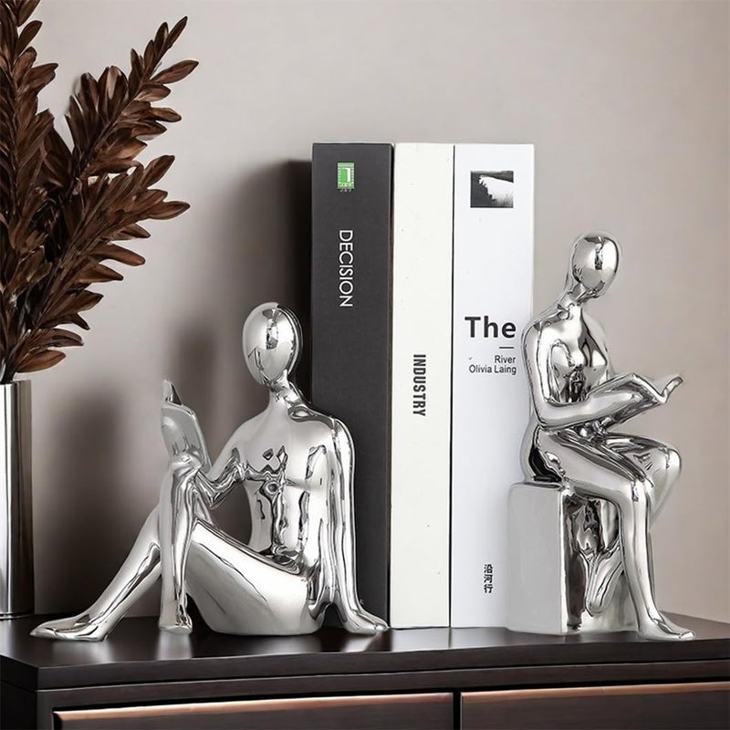 SHTWX Home Decorative Reading Book Statue Bookends Elegant Ceramic Bookshelf Room Office Desk Decor,Paper Weights, Book Ends,Bookend Supports, Book Stoppers, Set of 2 (Silver) - Image 1