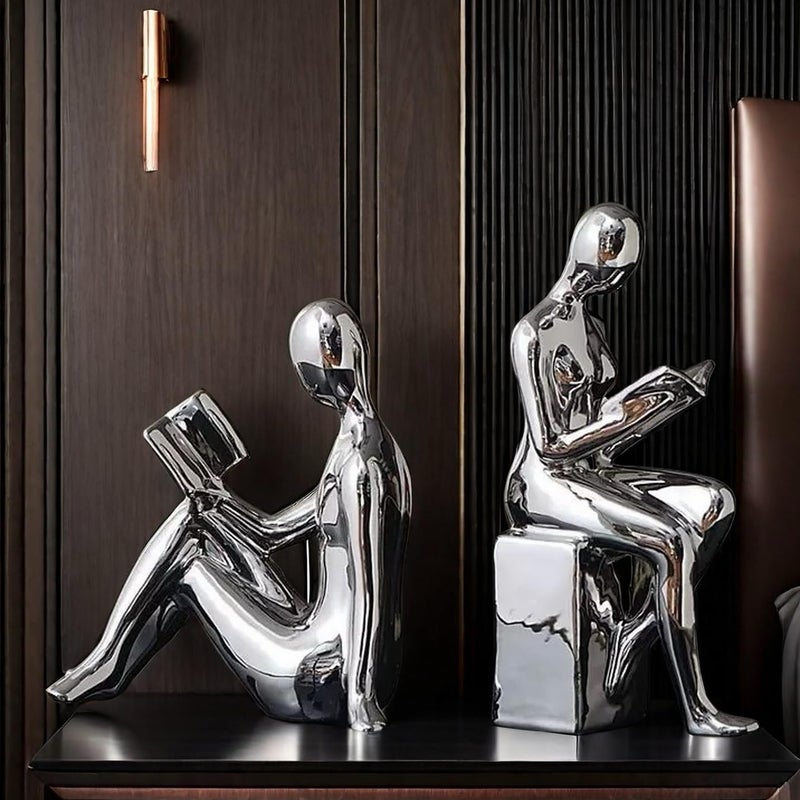 SHTWX Home Decorative Reading Book Statue Bookends Elegant Ceramic Bookshelf Room Office Desk Decor,Paper Weights, Book Ends,Bookend Supports, Book Stoppers, Set of 2 (Silver) - Image 5