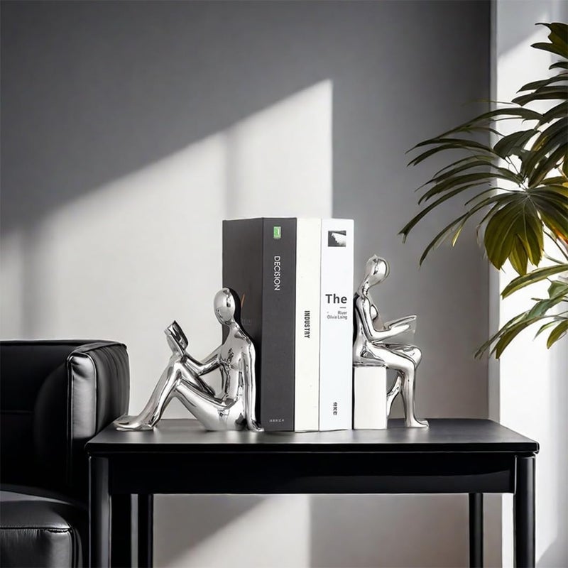 SHTWX Home Decorative Reading Book Statue Bookends Elegant Ceramic Bookshelf Room Office Desk Decor,Paper Weights, Book Ends,Bookend Supports, Book Stoppers, Set of 2 (Silver) - Image 2